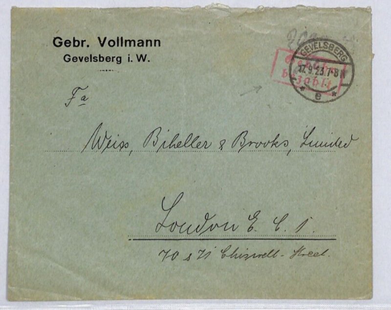 GERMANY INFLATION 1923 Cover Gevelsberg *GEBÜHR BEZAHLT* Fee Paid Cachet ZV253