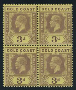 Gold Coast 1921 KGV 3d purple/pale yellow (Die II) block MNH. SG 77e. Sc 73a.