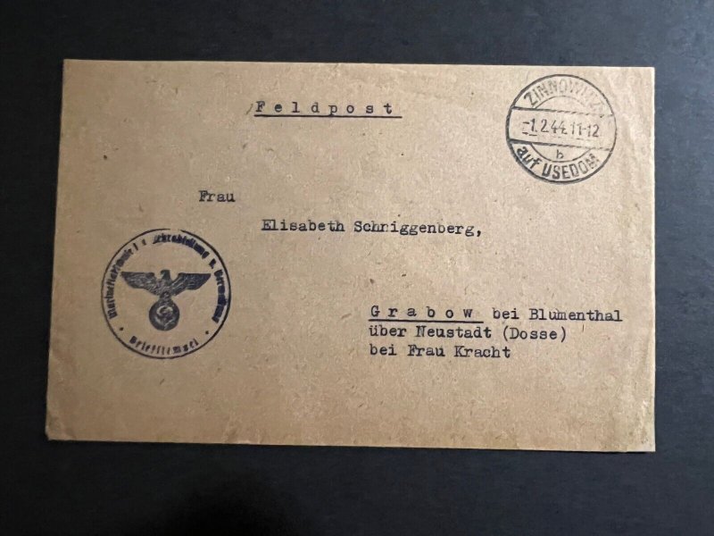 1944 Germany Feldpost Cover Zinnowitz to Grabow Blumenthal V2 Rocket