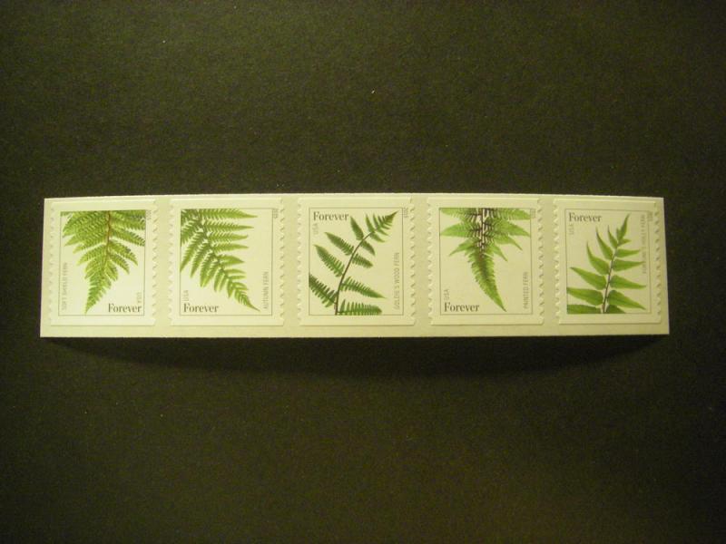 Scott 4973-7a or 4977c, (49c) Forever Ferns, Strip of five, MNH Coil Beauty