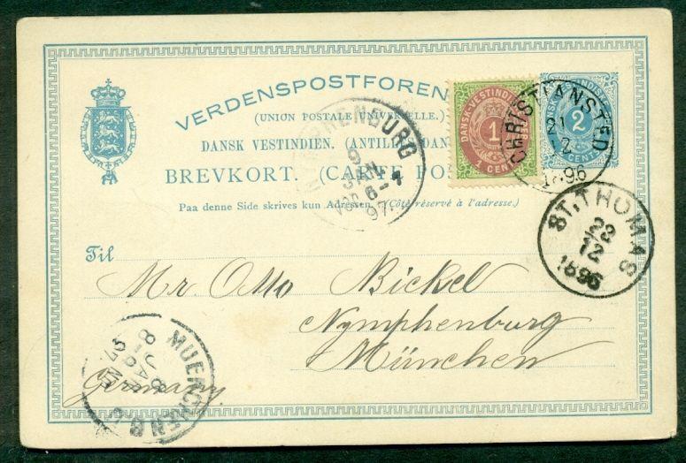 DWI #BK4 2¢ card Christiansted via St Thomas to Germany, Facit $405.00+