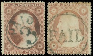 US SCOTT #26 USED LOT/2 W Fancy Paid Cancels, PAID 3 & Circled PAID, Nice!