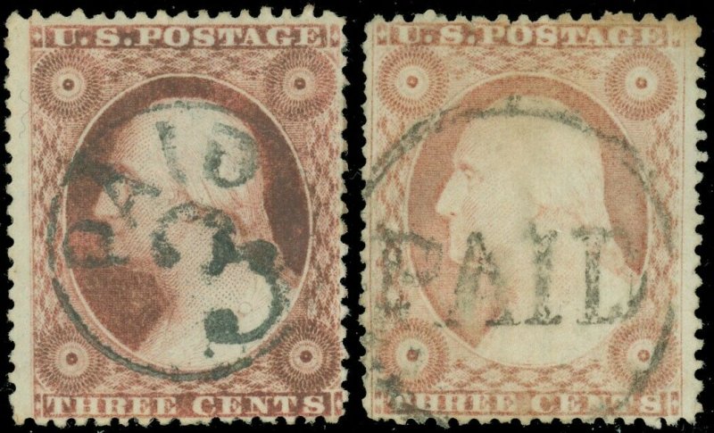 US SCOTT #26 USED LOT/2 W Fancy Paid Cancels, PAID 3 & Circled PAID, Nice!