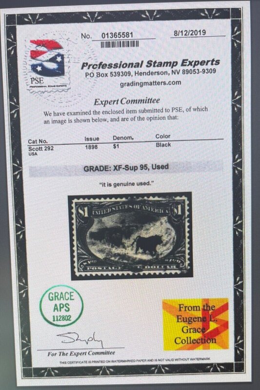 MOMEN: US STAMPS #292 USED PSE GRADED CERT XF-SUP 95 LOT #88894-5*