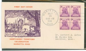 US 837 1938 3c Northwest Territory, 150th anniversary (block of 4) on an addressed (typed) first day cover with an unknown cache