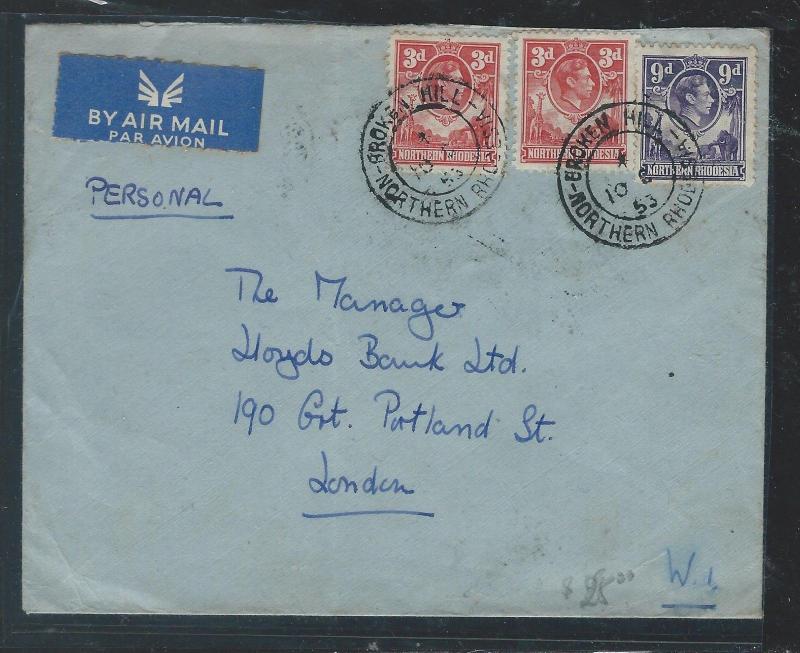 NORTHERN RHODESIA  (P2209B) KGVI , ELEPHANT 3DX2+9D BROKEN HILL TO LONDON