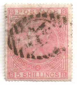 England GB UK QV 1874 SG 127 P2 / Sc 57a rose 5/- used VF Stamp £$1861
