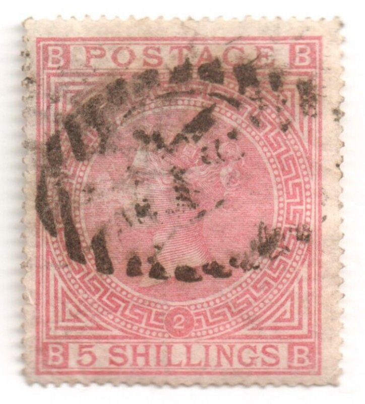 England GB UK QV 1874 SG 127 P2 / Sc 57a rose 5/- used VF Stamp £$1861