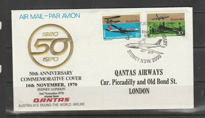 Australia 1970 Qantas cover, 50th anniv Flight, Sydney/London, with Extra card