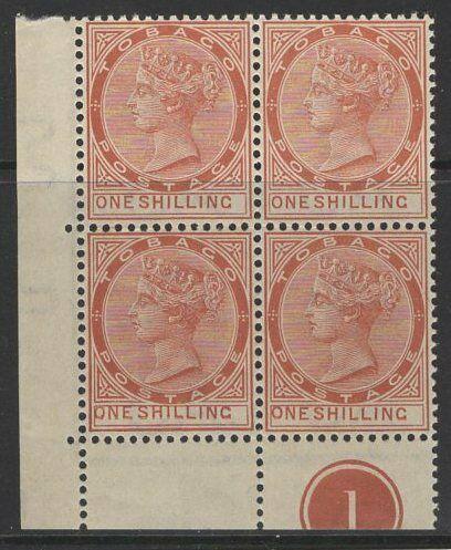 TOBAGO SG24c 1896 1/= ORANGE-BROWN MNH PLATE BLOCK OF 4