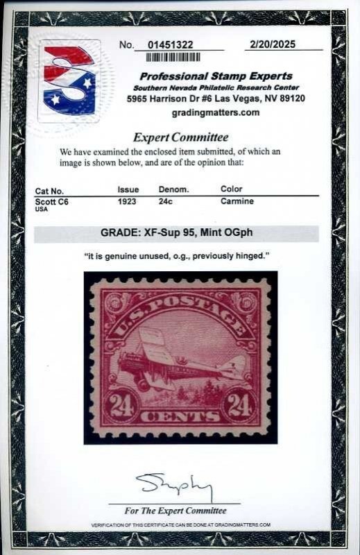 C6, 24¢ Biplane, PSE Graded XF-Sup 95 VLH Certificate, SMQ $160