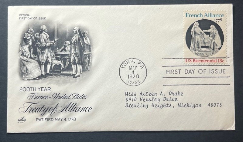 FRANCE-US ALLIANCE MAY 4 1978 YORK PA ARTCRAFT FIRST DAY COVER (FDC)