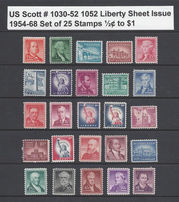 US Scott # 1030 -1052 Liberty Sheet Issues of 1954-68 Set of 25 / ½¢ to $1 MNH 
