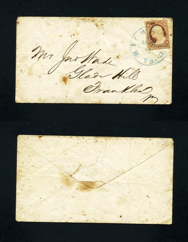 # 11A Cover from Richmond, VA, blue cancel, to Franklin, VA - 10-11-1850's