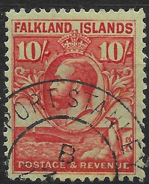 FALKLAND ISLANDS SG125 1929 10/= CARMINE ON EMERALD USED