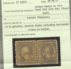 USA #395 VF Used Line Pair **With Certificate** 