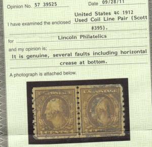 USA #395 VF Used Line Pair **With Certificate**