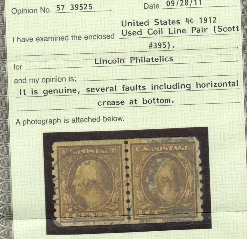 USA #395 VF Used Line Pair **With Certificate** 