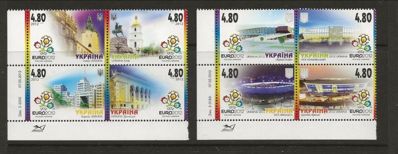 UKRAINE Sc 878-9 NH issue of 2012 - 2 BLOCKS OF 4 - SOCCER STADIUMS