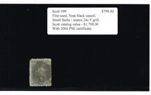 SCARCE GENUINE SCOTT #99 USED CLEAR SPLIT F-GRILL PSE CERT GRADED - SCV $1700