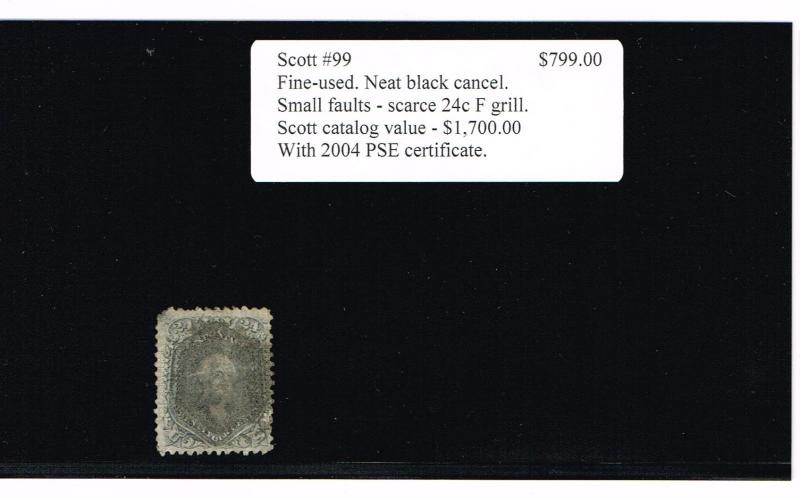 SCARCE GENUINE SCOTT #99 USED CLEAR SPLIT F-GRILL PSE CERT GRADED - SCV $1700