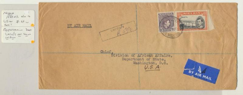 NIGERIA 1949 REG. AIRMAIL COVER TO USA, REG LAGOS/3 NOT IN PROUD(SEE BELOW) 