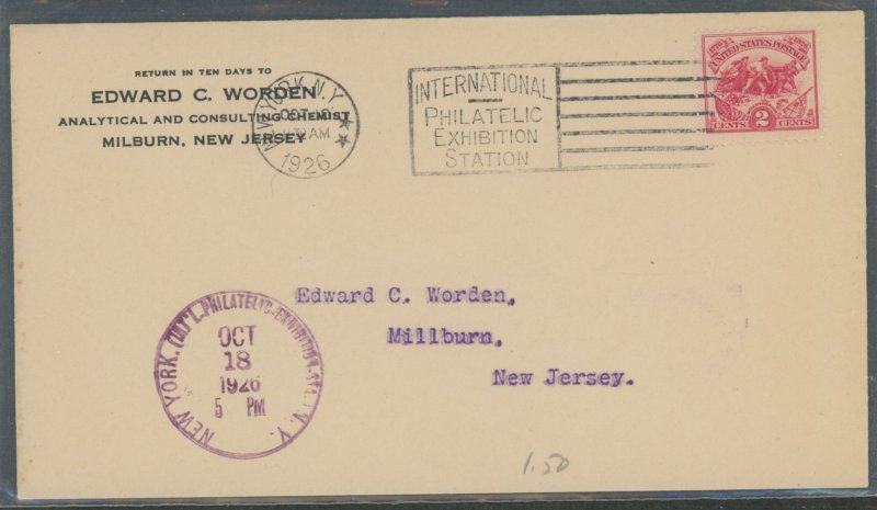 US 629 1926 2c Battle of White Plains (single) on an addressed first day cover with an additional New York Philatelic Expo cance