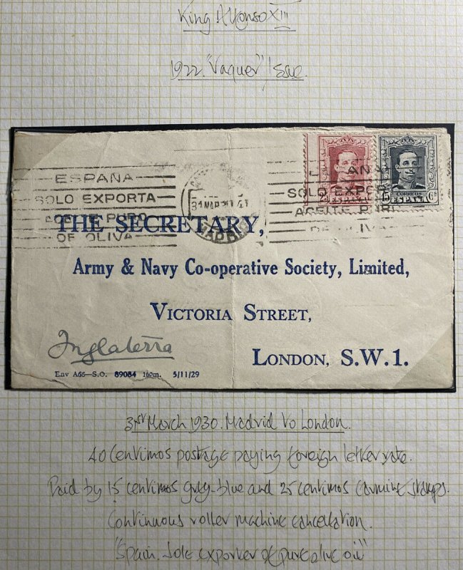 1930 Madrid Spain Cover To Army & Navy Cooperative So London England