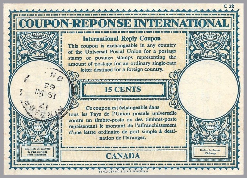 CANADA - 1963 15c IRC London type - International Reply Coupon - Windsor Ont use