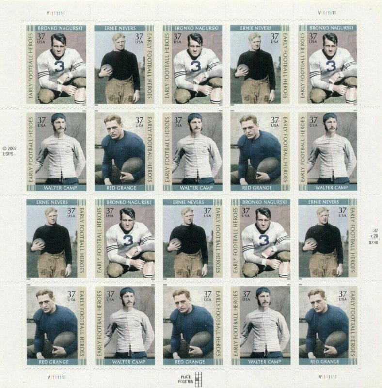 US: 2003 EARLY FOOTBALL HEROES; Complete Sheet Sc 3808-11; 37 Cents Values