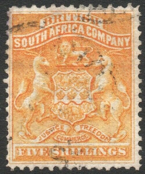 RHODESIA-1892-93 5/- Orange-Yellow Sg 8 GOOD USED V43844