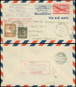 1946 BATON ROUGE LA, PAN AM 10¢ RATE TEST to CHILE S. A. PANAGRA, Mixed Franking