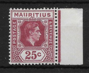 MAURITIUS SG259ba 1942 25c BROWN-PURPLE IJ FLAW MTD MINT