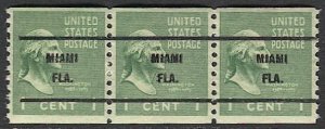 US 1939 Sc 839 1c Prexy Coil Strip of 3 MNH VF, Miami Fla Bureau Precancel