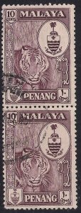 Penang Malaya 1960 QE2 10ct Maroon Pair used SG 60 ( M1353 )