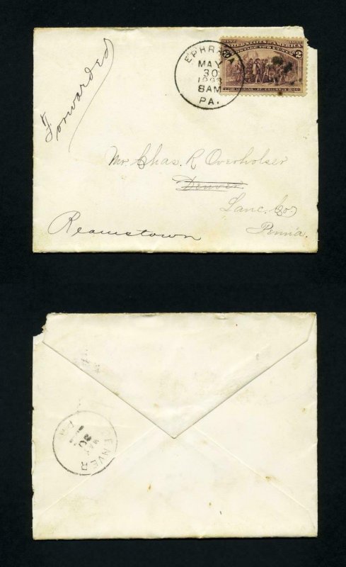 Cover from Ephrata, PA to Denver, PA forwarded to Reamstown, PA dated 5-30-1893