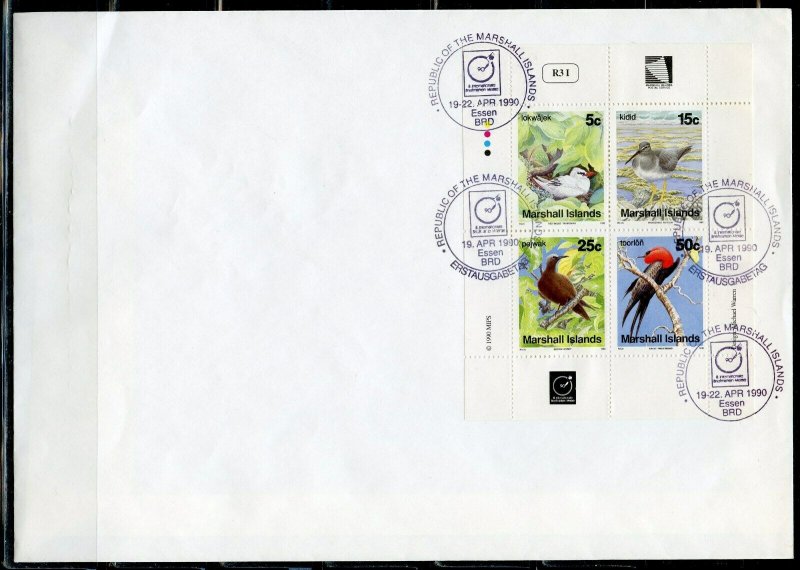 MARSHALL ISLANDS 1990 BIRDS SHEET FIRST DAY COVER WITH ESSEN CANCEL RARE 