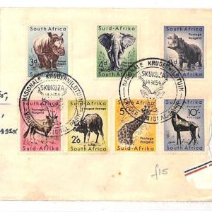 AH215 1954 SOUTH AFRICA *Skukuza* ANIMALS ISSUE FDC High Values{samwells-covers}