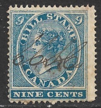 CANADA 1864 QV 9c Blue BILL STAMP REVENUE VDM. FB9 USED