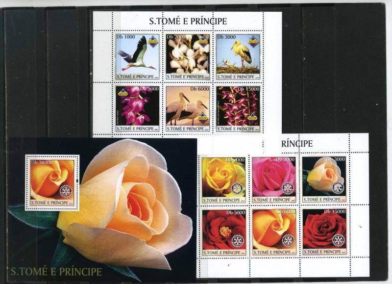 ST.THOMAS & PRINCE ISLANDS 2003 BIRDS & FLOWERS 2 SHEETS OF 6 STAMPS & S/S MNH 