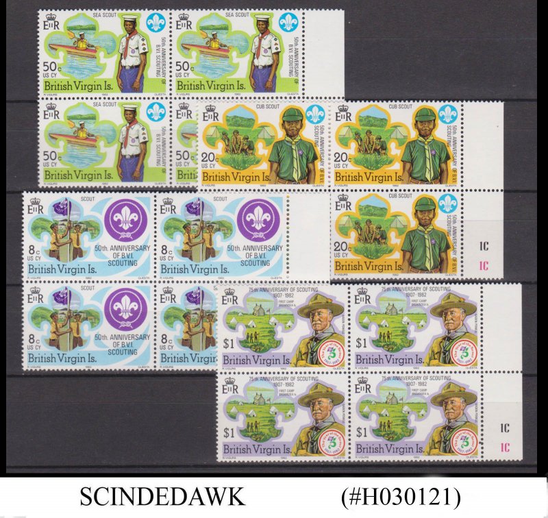 BRITISH VIRGIN ISLANDS - 1982 50th ANN. OF BVI SCOUTING SET OF 4 BLK OF 4V MNH