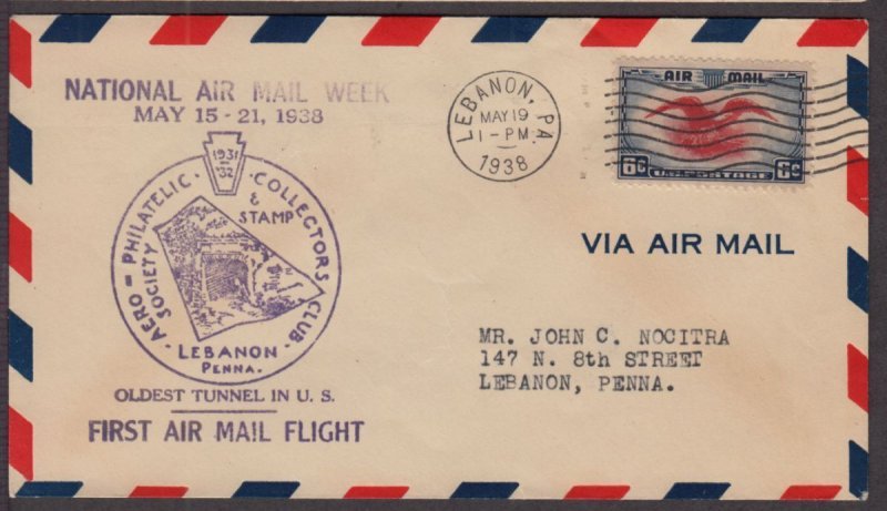 1938 National Air Mail Week, Lebanon Pennsylvania PA, with cachet Sc C23 NAMW