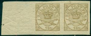 DENMARK #15, 16sk Coat of Arms, Imperf PROOF pair in brown on wmk paper, VF