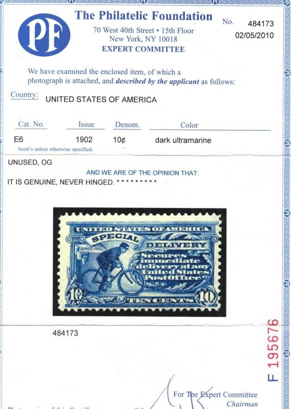 USA #E6 Mint Fine Never Hinged **With Certificate** 