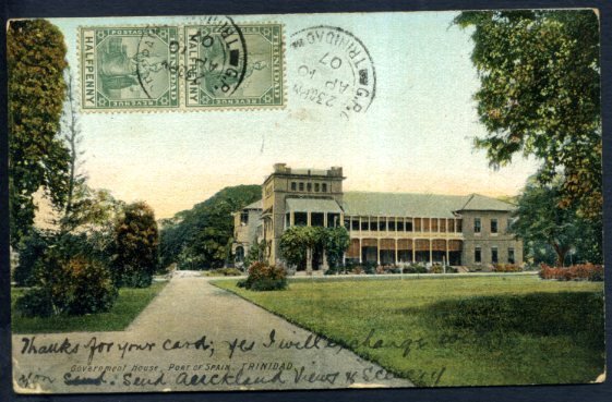 Trinidad 1907 Postcard to New Zealand, 1/2d pair, scarce origin destination... 