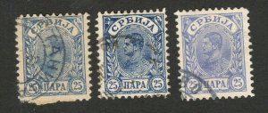 SERBIA-3 USED ST, 25p; perf  11 ½ - KING ALEKSANDAR OBRENOVIC-COLOR VARIETY-1896