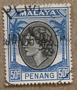 Malaya Penang 1954 50c QEII, used. Scott 41, CV $0.25. SG 40