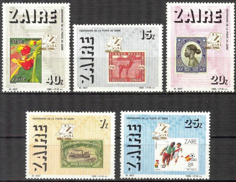 Zaire 1986 100 Years of Post stamps on stamps Set 5 MNH