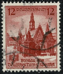 GERMANY 1938 SPORTS TOURNAMENT BRESLAU 12pf ROSE-RED USED SG 655 P.14 XF/SUPERB