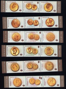 Romania Scott 4788-4793 gold coins on stamps MNH set with two labels